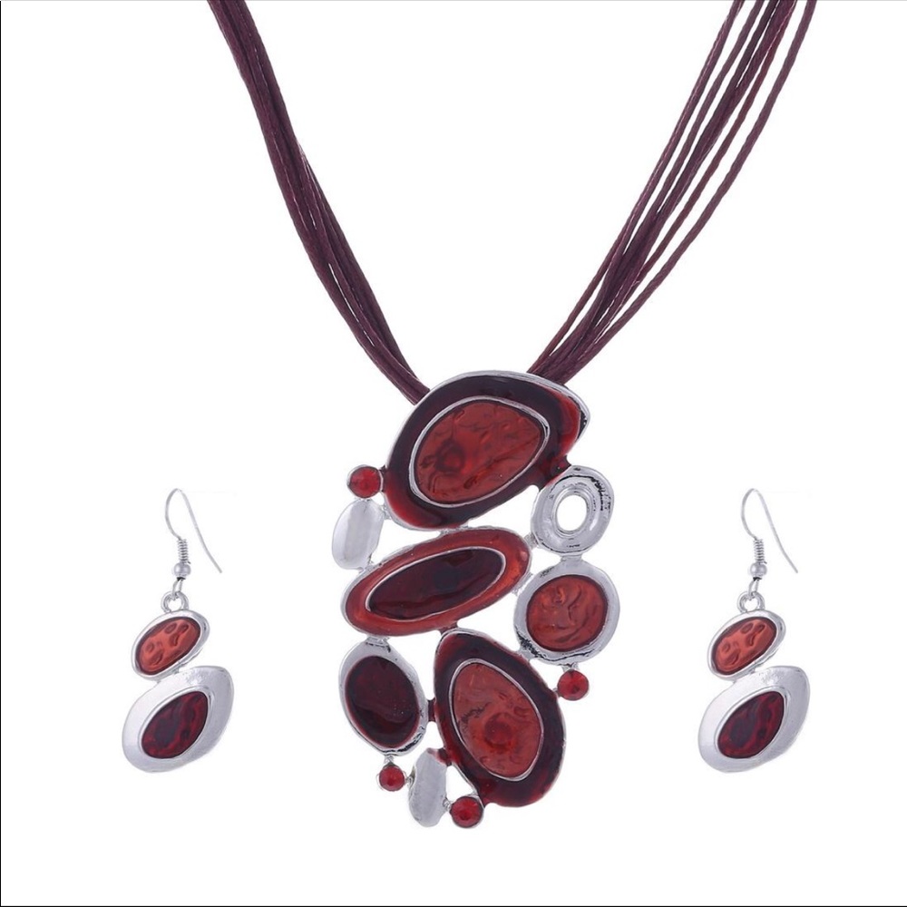 Leather Ruby Necklace And Matching Earrings Set